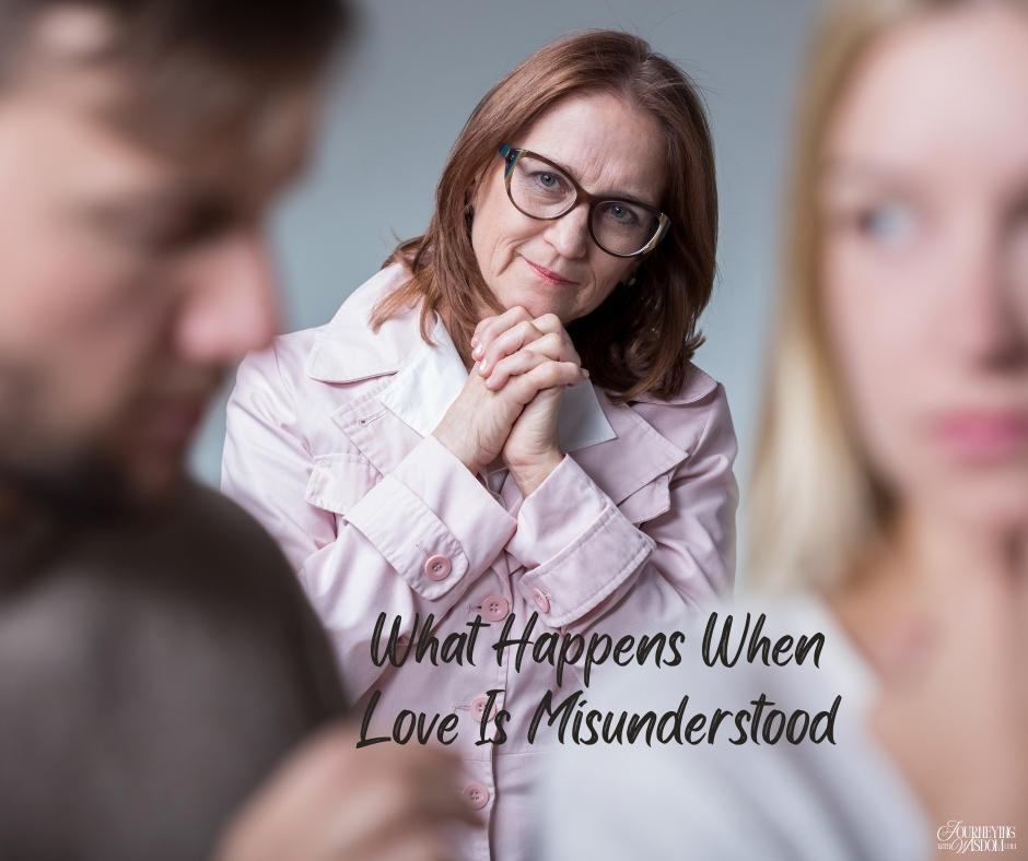 Focused mother in background with blurred child and partner in foreground, illustrating emotional distance.