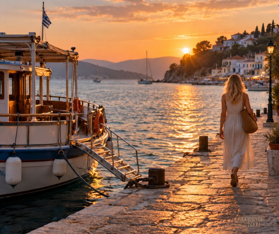 Skiathos, sunset, boat, cruise, woman walking away
